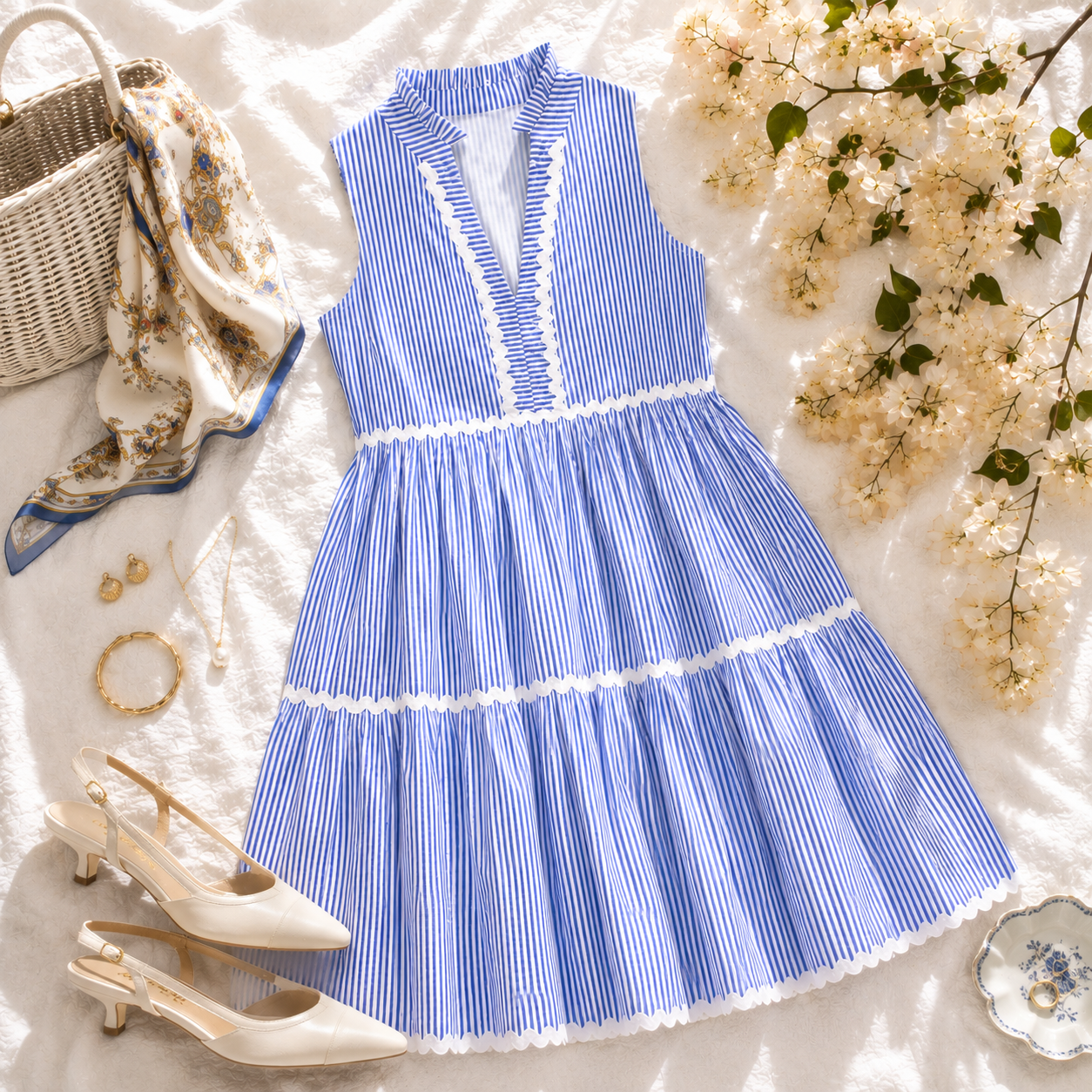 100% Cotton Blue Stripe Tiered Mini Dress Coastal Prep European Summer Resort