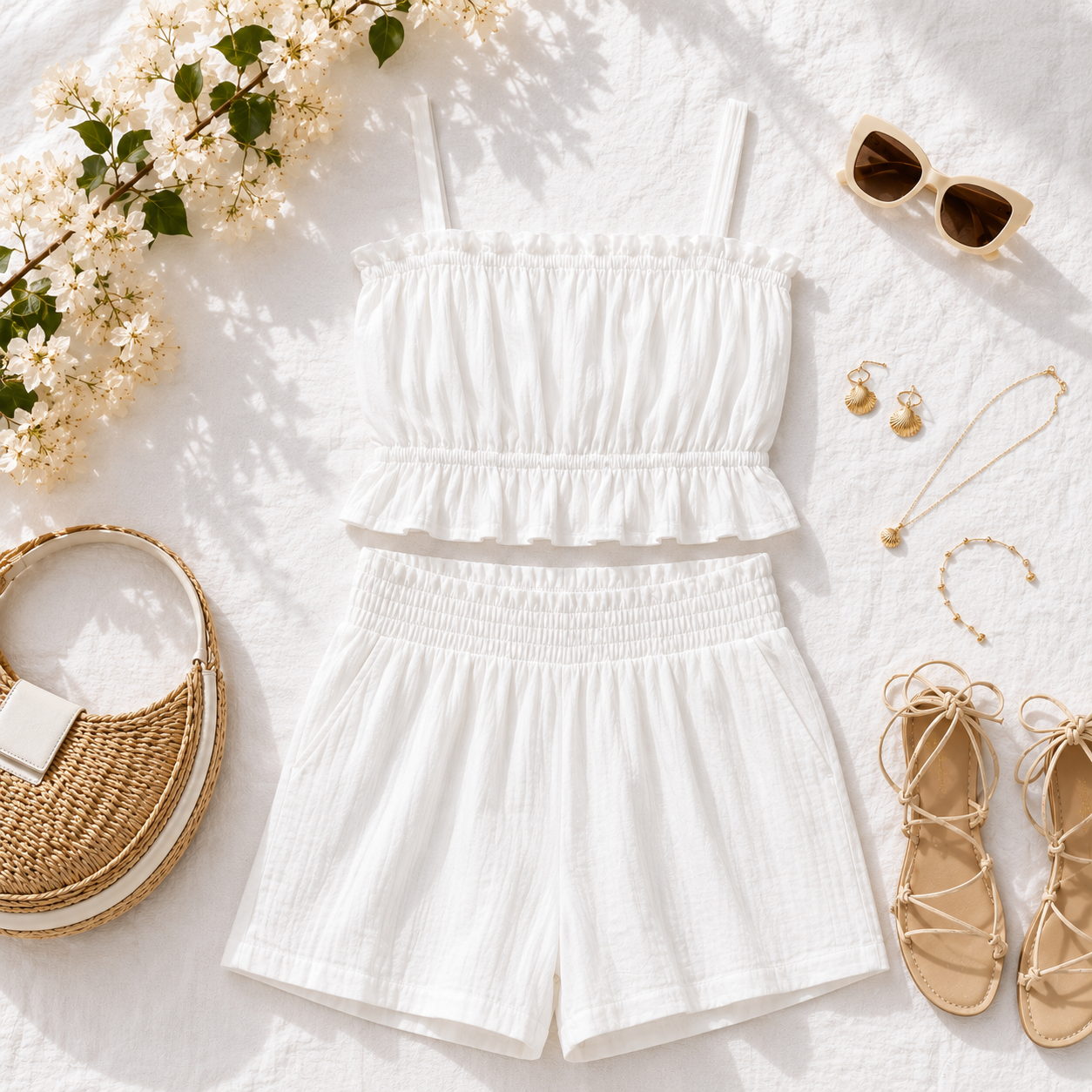 Linen Blend Two Piece Short Set White Resort Vacation Coastal Summer Outfit