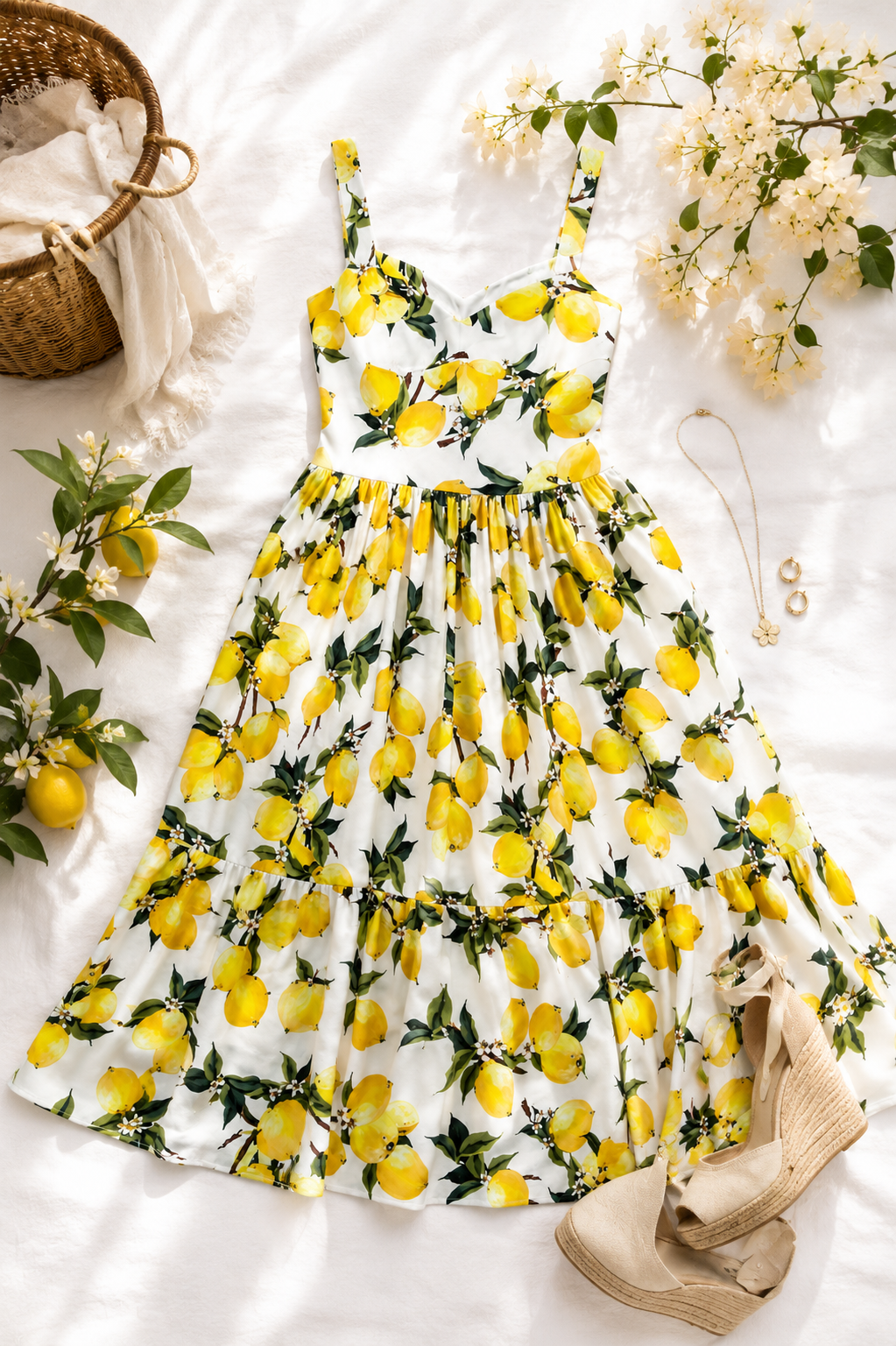 Linen Lemon Print Maxi Dress Sweetheart Slit Resort Vacation Italian Summer