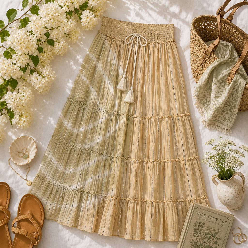 POL Shimmer Tiered Reverse Ruffle Smocked Waist Maxi Skirt