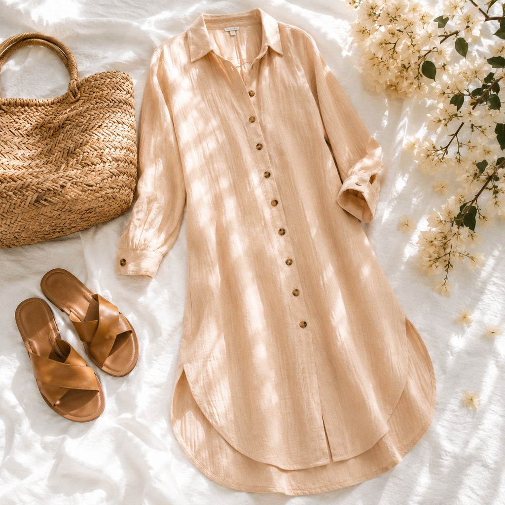 100% Cotton Shirt Dress Oversized Button Front Midi Coastal Resort Cover Up