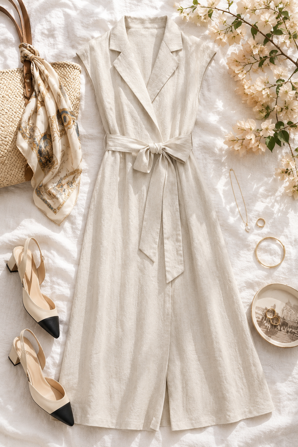 Cotton Linen Belted Wrap Maxi Dress Quiet Luxury Office Coastal Chic Neutral