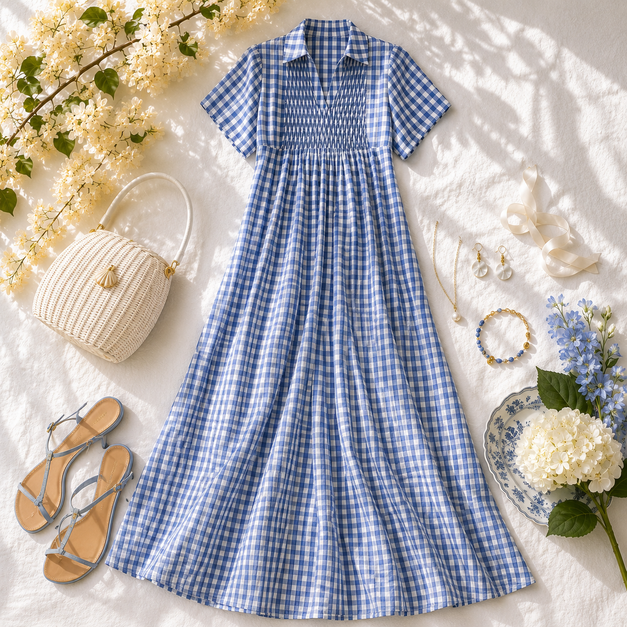 NEW Blue Gingham Smocked Midi Dress Cottagecore Coastal Summer