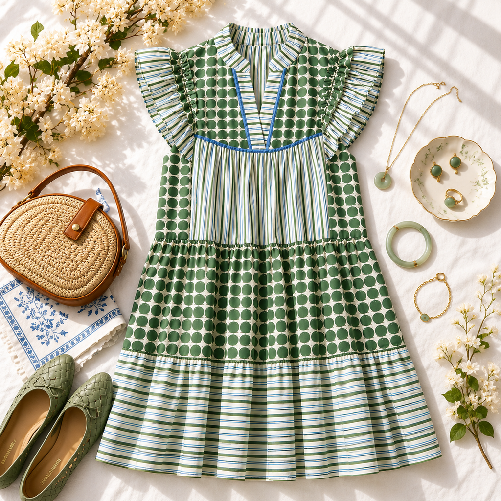 NEW Green Patchwork Tiered Flutter Sleeve Dress Mediterranean Resort