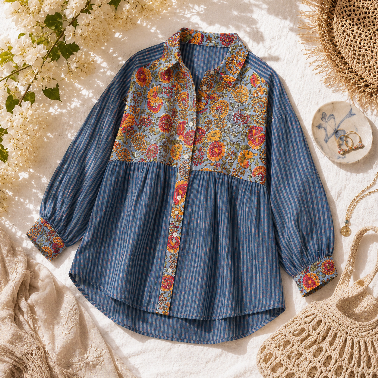 100% Cotton Patchwork Floral Stripe Button Front Shirt Boho Blouse