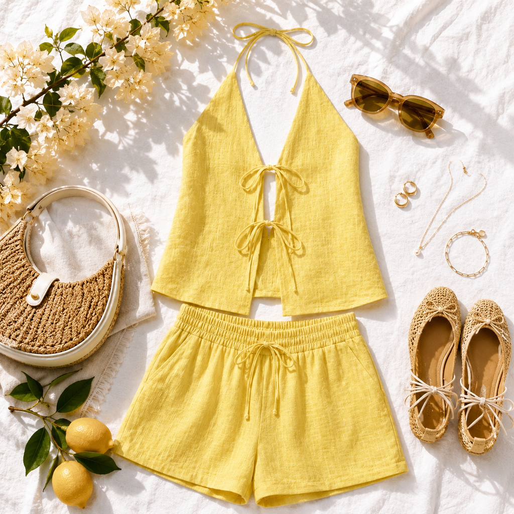 Lemon Yellow Linen Blend Two Piece Short Set Halter Resort Vacation Outfit