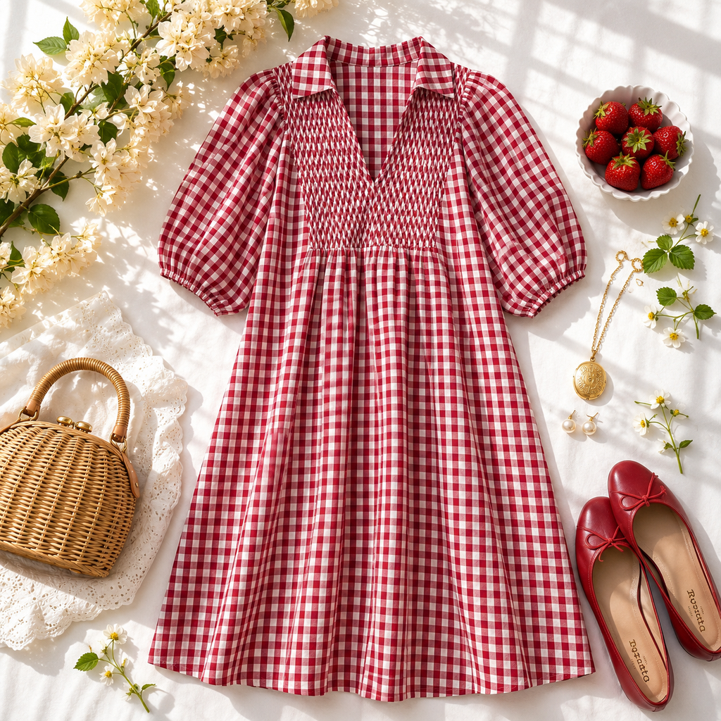 Red Gingham Smocked Midi Dress Puff Sleeve Cottagecore Picnic Summer Dress