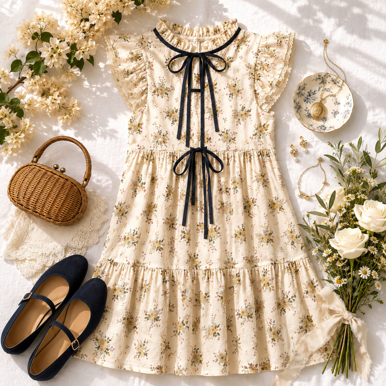Floral Tiered Cotton Mini Dress Bow Tie Cottagecore Coquette Romantic Dress