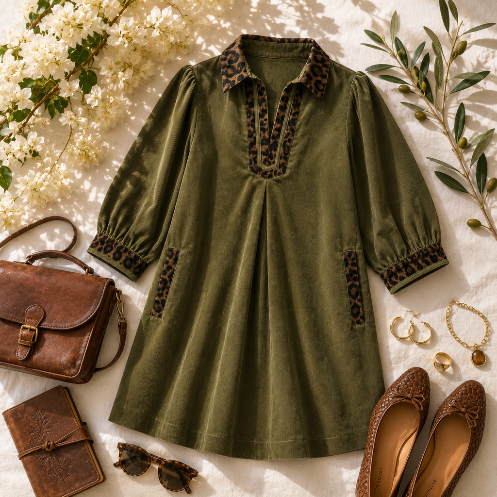 100% Cotton Olive Shift Dress Leopard Trim V Neck Pocketed Mini Dress