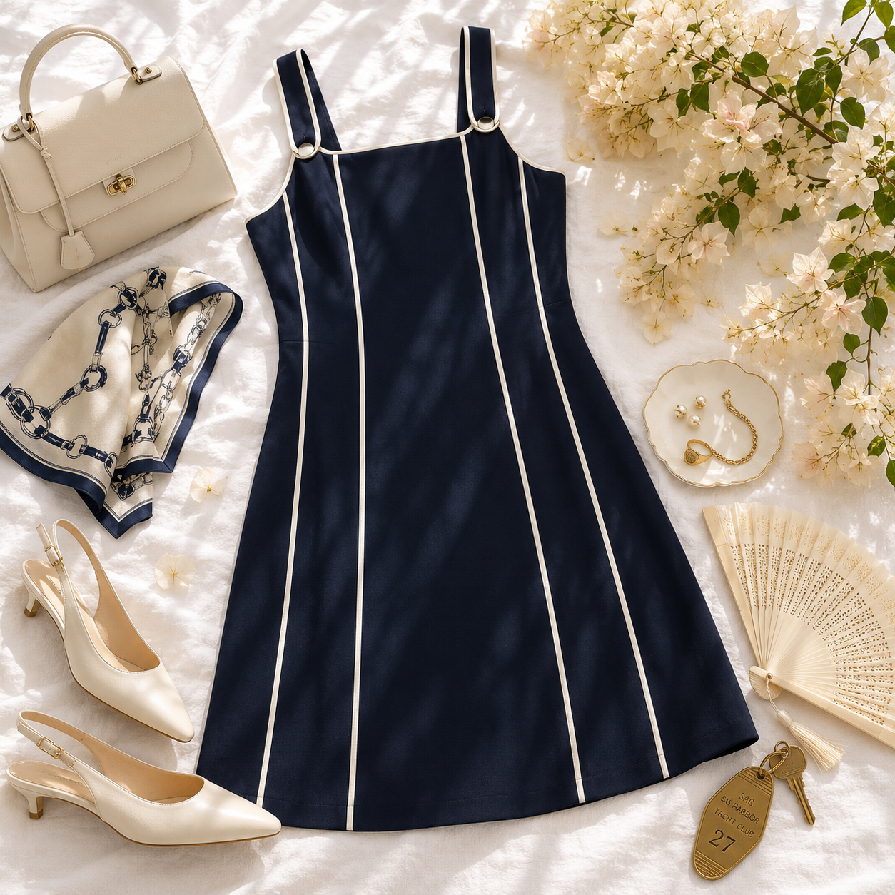 Linen Blend Nautical Mini Dress Square Neck Coastal Quiet Luxury Old Money