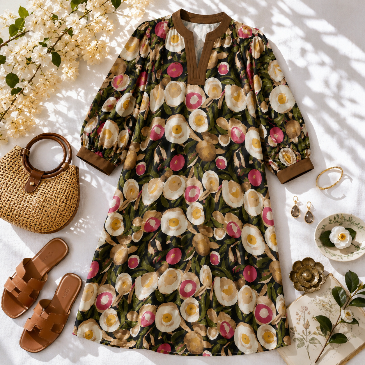 NEW Mixed Floral Shift Mini Dress Pocketed Boho Botanical Art Print Lined Dress